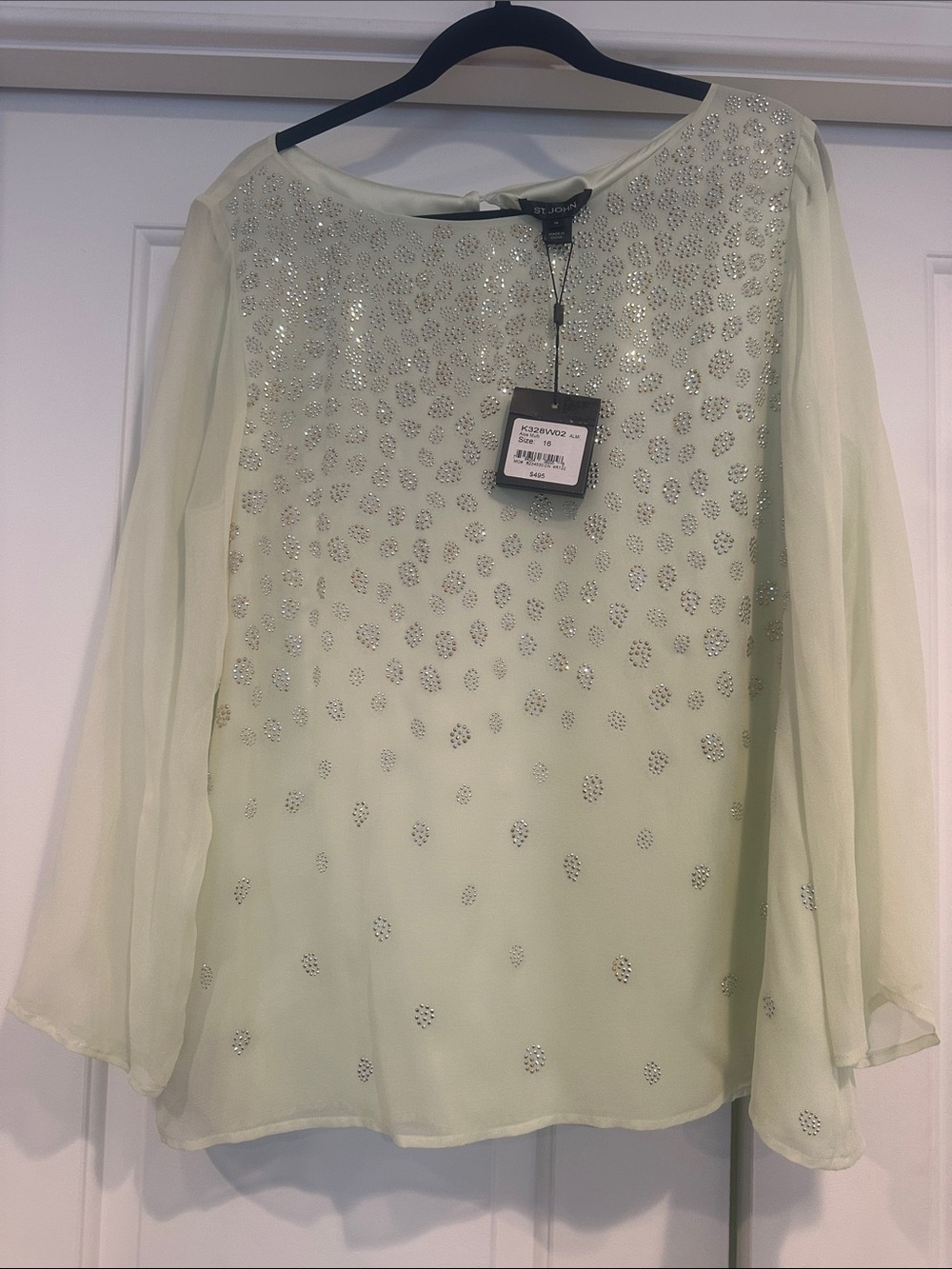 St. John Pale Sage Beaded Sheer Blouse